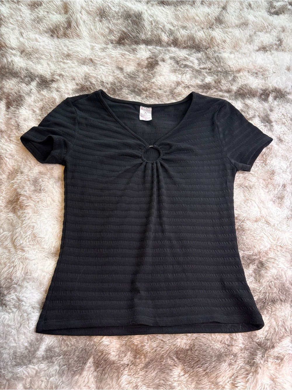 No Boundaries Black Short Sleeve Ring-Detail Knit Top